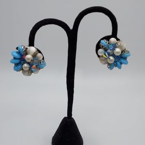 Mid Century Clip On Earrings Blue Cluster AB Silver White Aurora Borealis Modern
